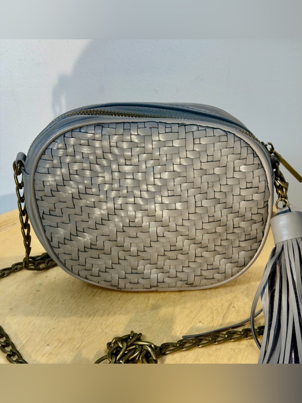 Anthropologie Gray Faux Leather Woven Crossbody Bag